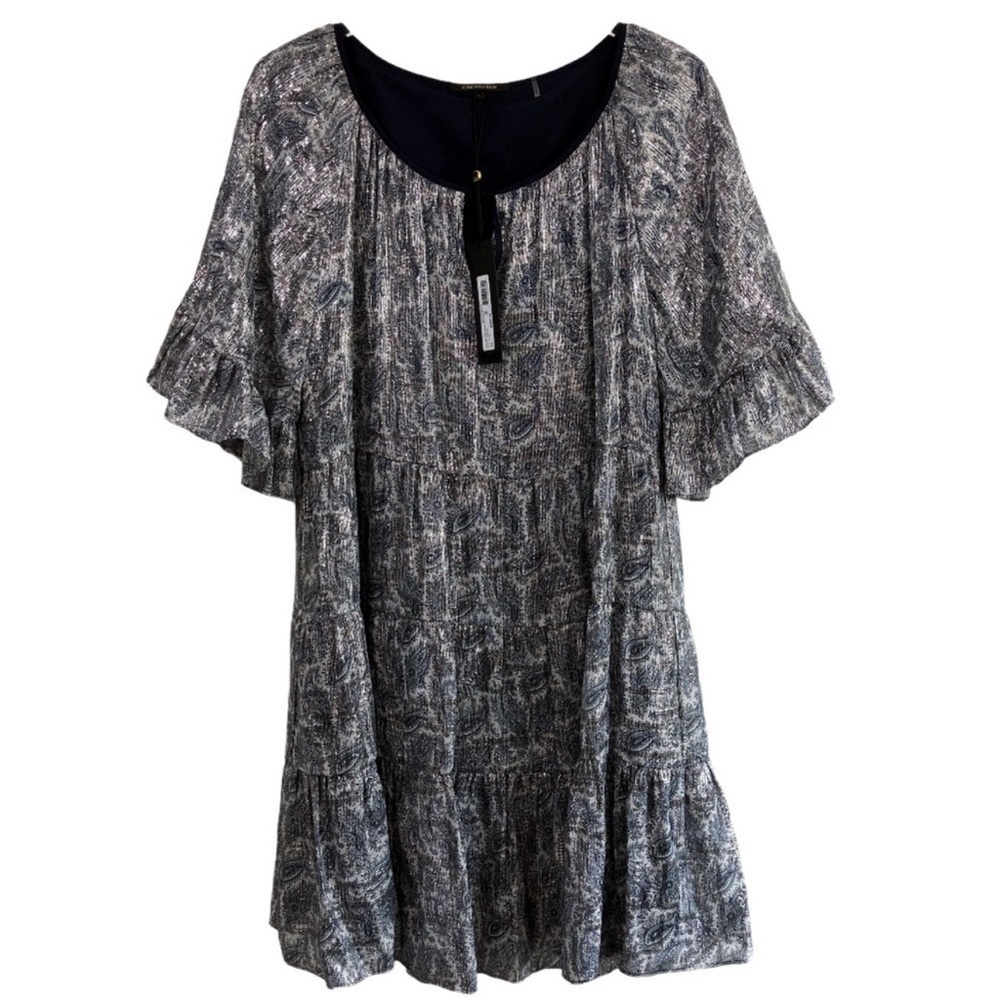 Kobi Halperin Adonia Paisley Silk Blend Metallic Shift Navy Blue Dress Large